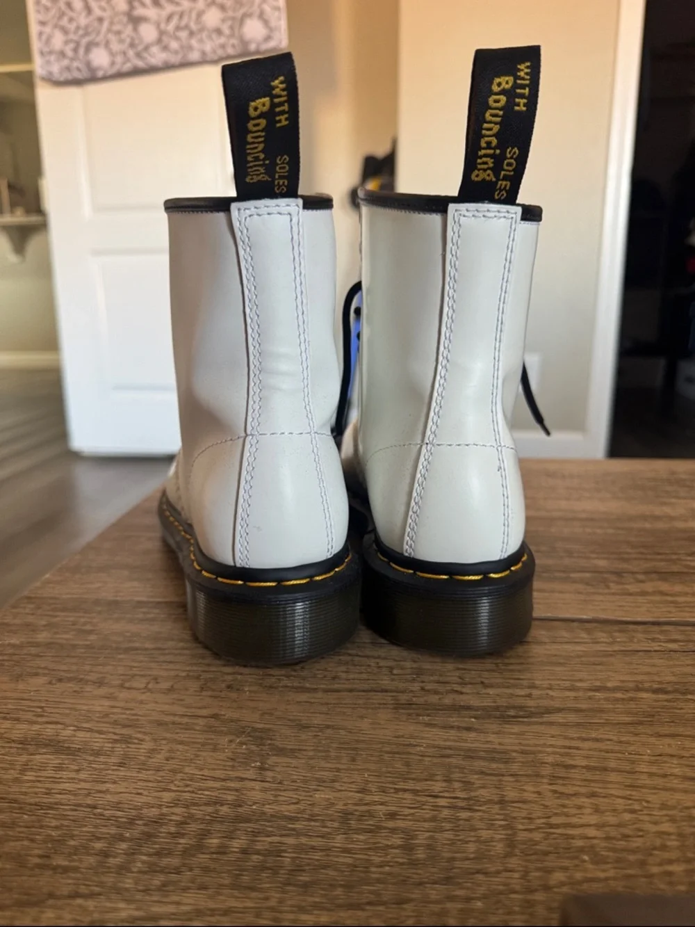 Dr. Martens White Leather 8-Eye Lace-Up Boots with Yellow Stitching - Picture 2 of 6